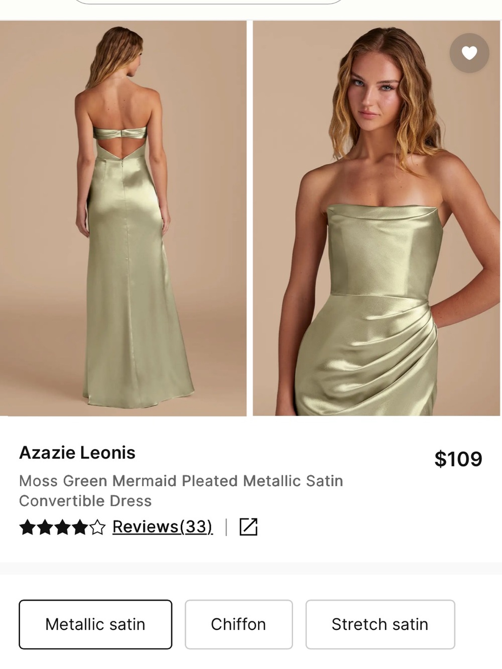 Azazie Moss Green Metallic Satin Convertible Gown